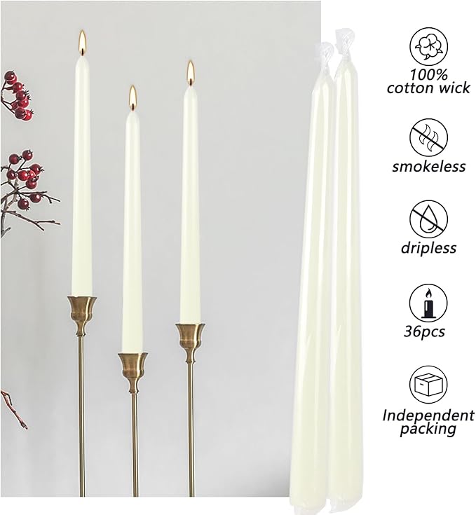 20 Pack Ivory Taper Candles 12 Inch Tall 3/4 Inch Thick Burn 10 Hours