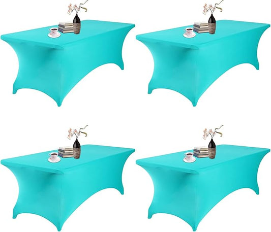 4Pack Spandex Waterproof Table Covers 8ft，Spandex 8ft Waterproof Table Cover for Party,Wedding, Banquet, and Events(Turquoise)