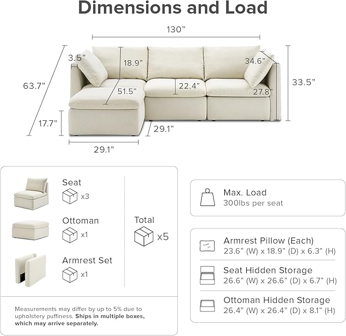mopio Oversized Modular Sectional Sofa with Fully Removable Covers and Storage, Convertible U, L-Shaped and Sleeper Sectional, Modern Couches with Ottoman Chaise (Oat Fabric, 4 Seats, L)