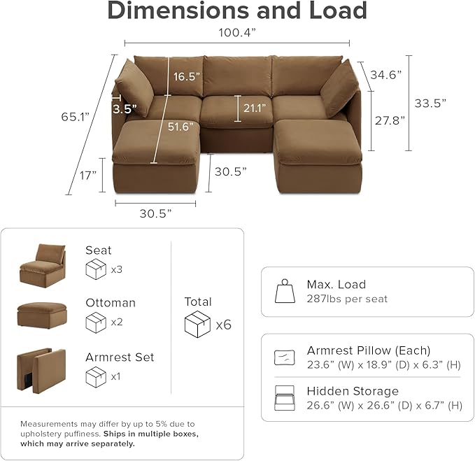mopio Oversized Modular Sectional Sofa with Fully Removable Covers and Storage, Convertible U, L-Shaped and Sleeper Sectional, Modern Couches with Ottoman Chaise (Hazelnut Velvet, 5 Seats, U)
