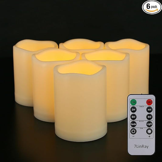 3" x 4" Flameless Candles with Remote and Timer, Waterproof Outdoor Battery Operated Flickering LED Flameless Pillar Candles for Weeding Birthday Decoration, Ivory, Plastic, Set of 6