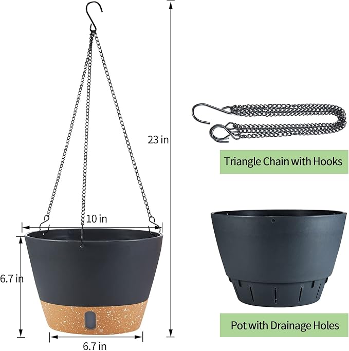2 Pack Hanging Planters for Indoor Outdoor Plants, 10 Inch Hanging Flower Pot Basket with Drainage Hole with Removable Tray&Hooks Self Watering Plant Pot for Hanging Plants, Dark Grey