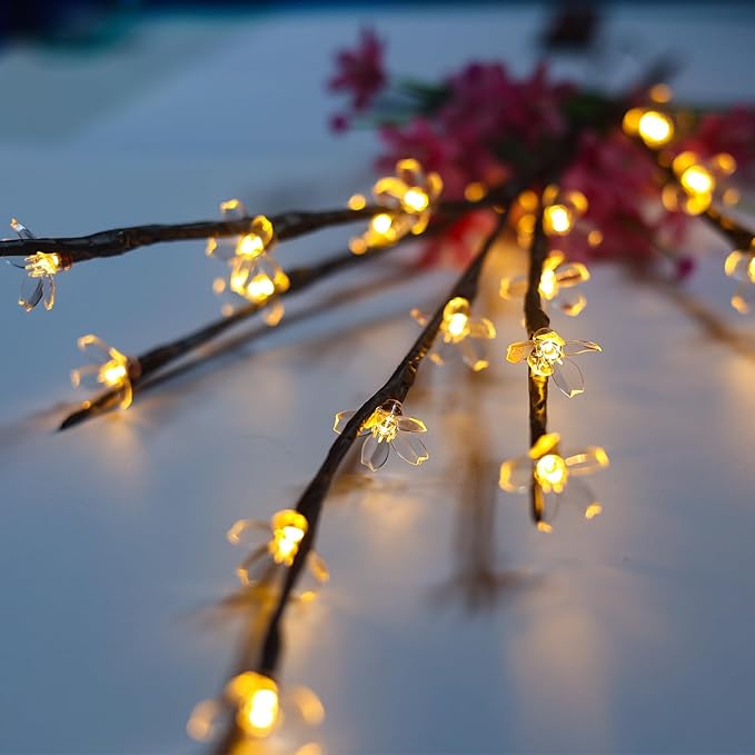 3Pack Battery Lighted Cherry Blossom Branches Lights with Clear Plastic Bag for Hanging Decor, 27.5inch 60 LED Flower Lamp Twig Sticks for Vase Filler of Home Christmas Valentines Day Decoration