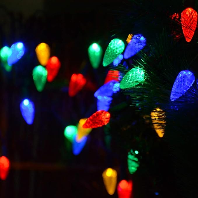 2 Pack Solar Christmas Lights Outdoor C6 Strawberry String Lights, LED Christmas Fairy Lights 50 LEDs Solar Operated Rechargeable Garden Lights for Christmas Tree, Arbor Decor (Multicolor, 8 Modes)