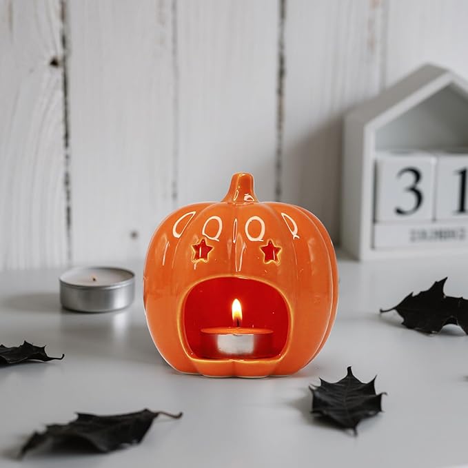 Halloween Pumpkin Candle Holder, Ceramic Candle Stick Holder with Star Hole, Orange Candle Holders for Candlesticks, Halloween Decor Gift for Daughter, Mother, Girlfriend & Kids