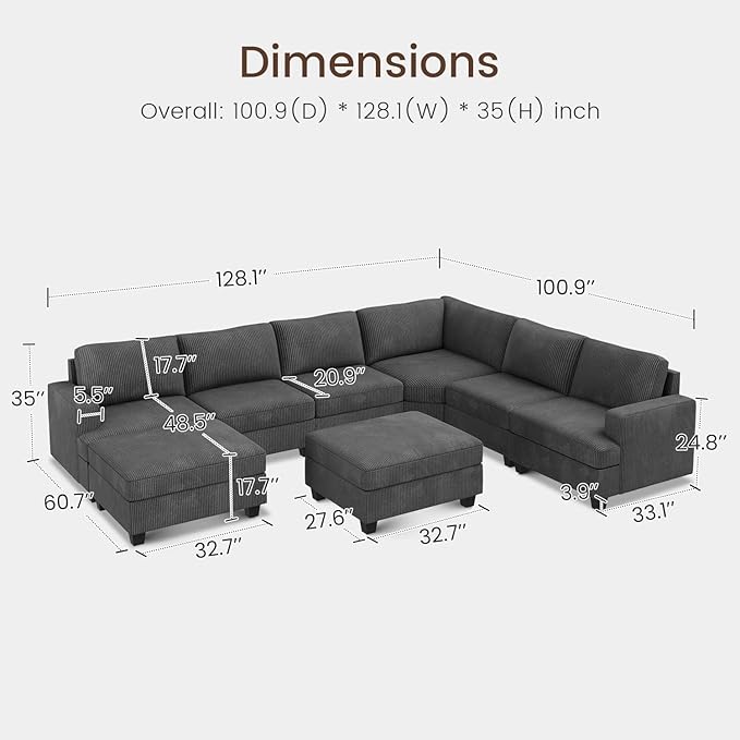 Nolany U Shape Oversized Corduroy Modular Sectional Sofa with Storage Ottoman, Dark Grey