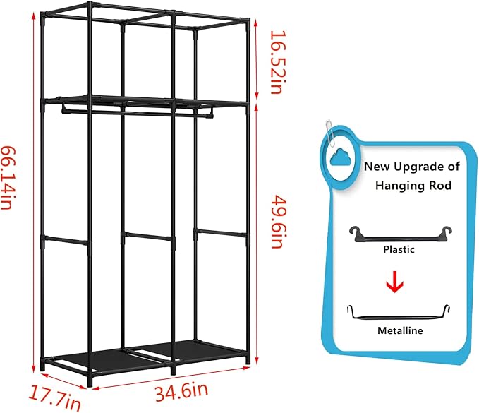 SORCEDAS Portable Wardrobe Closet Storage Organizer Metal Hanging Rack Non-Woven Fabric 34 Inch Black