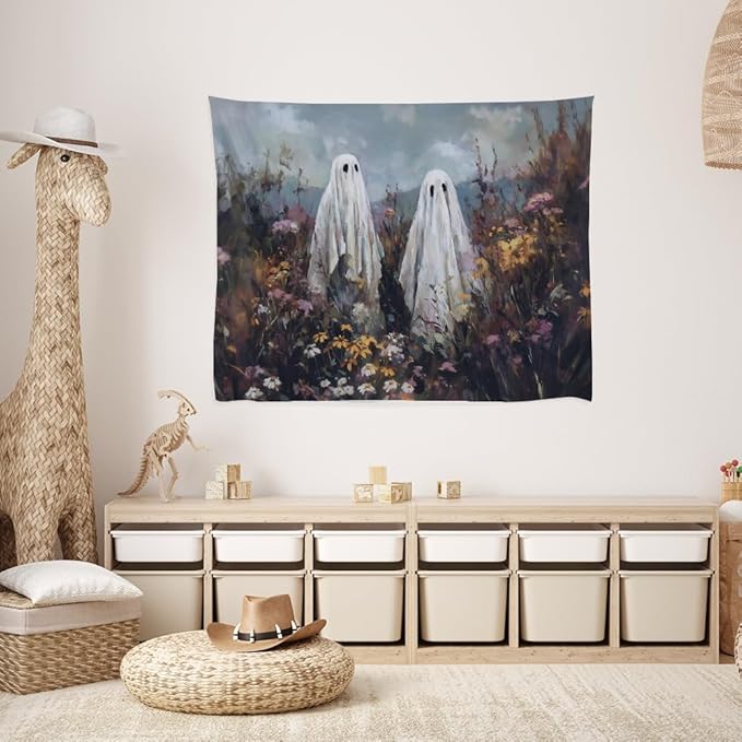 Halloween Ghosts in Wildflowers Tapestry Wall Hanging Spooky Cute Ghost Floral Tapestries Victoria Moody Artwork Aesthetic Print for Goth Living Room Bedroom wall Decor 50x60inch
