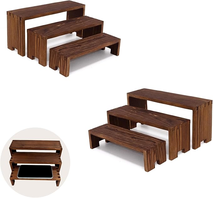 Display Wood Risers Wooden Stand 3 Tier Wood Racks Decorative Rectangular, 2 Set 6 Piece Cupcake Stands Cologne Perfume Organizer Dessert Showcase(Brown)