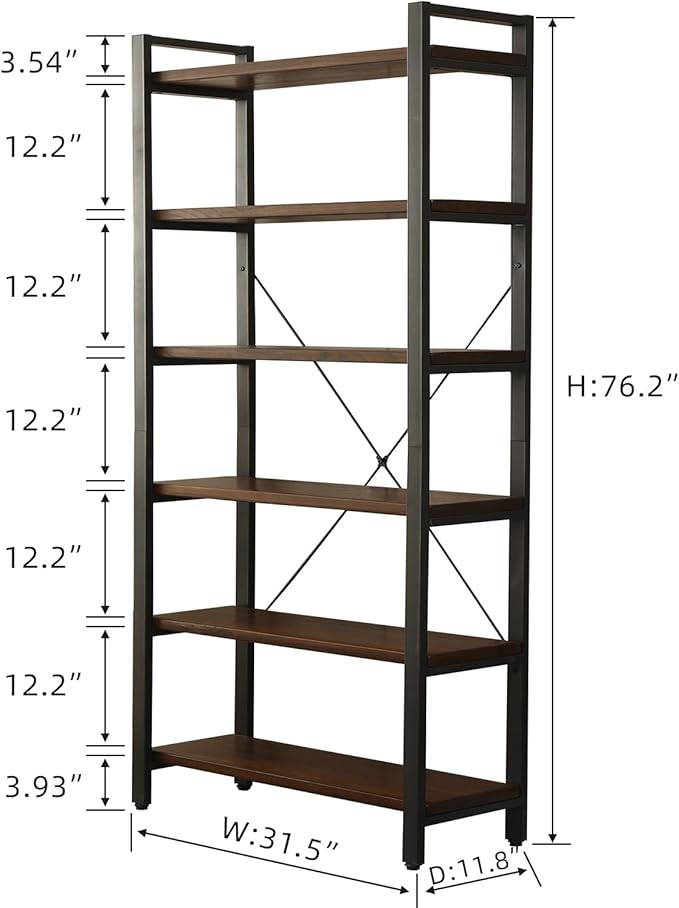 WH-AOERPYMY Natural Real Wood Bookcase,Industrial Bookshelf,6 Tier Solid Wood Open Book Shelf Storage,Metal Shelving Unit,Farmhouse Wide Etagere Bookcase for Office Living Bedroom (6 Tiers)