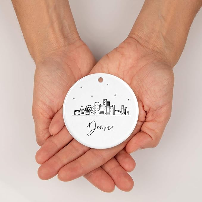 Andaz Press Round Ceramic Porcelain Christmas Tree Ornament Keepsake, Denver Black and White Stars City Skyline Graphic, 1-Pack, Birthday Gift Ideas Family Coworker Him Her, Includes Gift Box