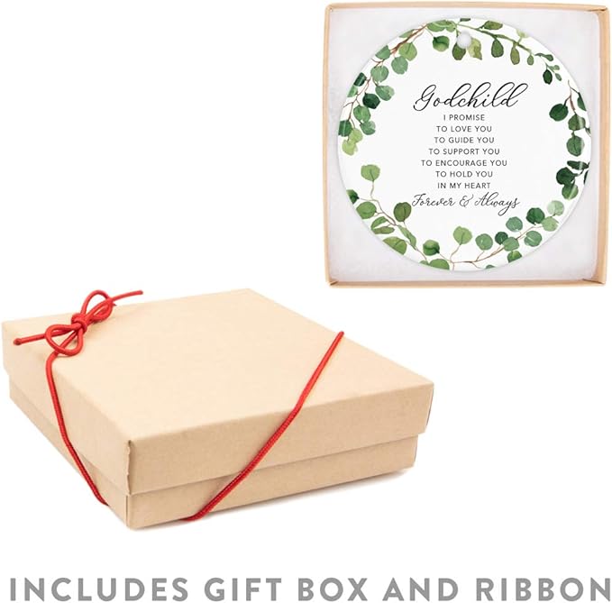 Andaz Press Round Ceramic Porcelain Christmas Tree Ornament Keepsake Collectible Gift, Godchild I Promise to Love You, Farmhouse Eucalyptus Wreath, 1-PackBaby Shower Baptism Christening Gift Ideas