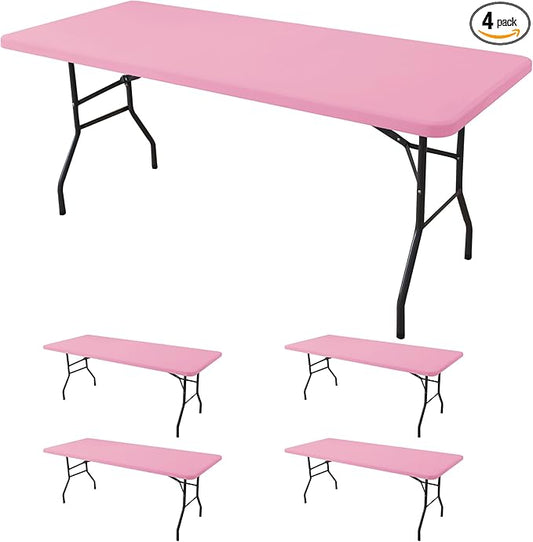 Fitted Tablecloth for 6 Foot Rectangle Tables-4 Pack Pink Elastic Outdoor Picnic Table Cover-Spandex Stretch Folding Table Cloths 6 ft for Camping Dining Room Patio Kitchen Banquet Party