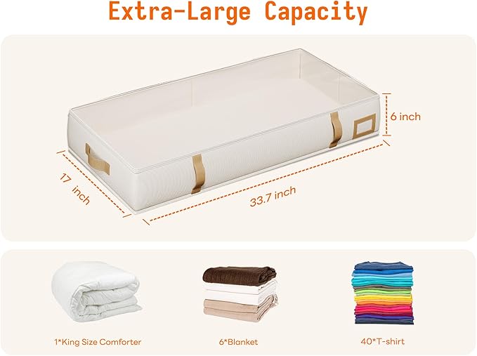 Vailando Under Bed Storage Containers, Foldable Storage Bins for Blankets, Comforter, and Seasonal Clothing, 6 Inches Tall, Beige with Brown Leather Handles, 2-Pack