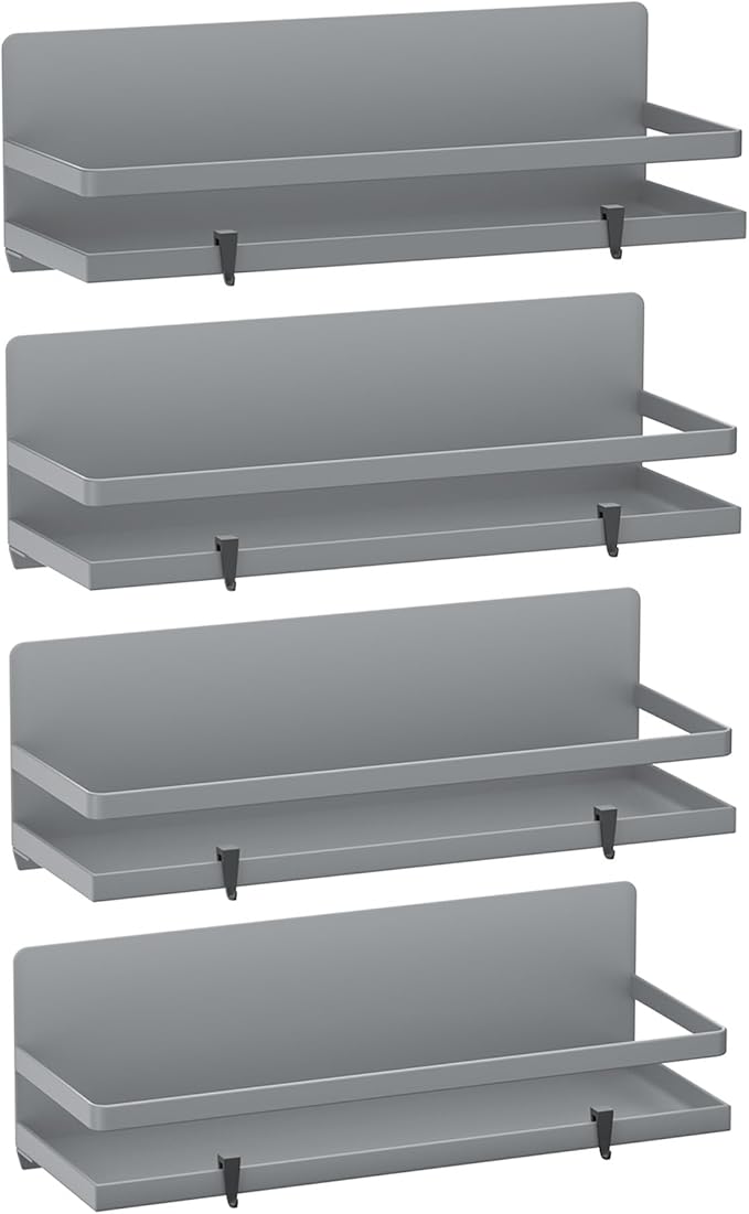 Magnetic Spice Rack for Refrigerator Moveable Magnetic Shelf Organizer Kitchen Seasoning Jars Storage Rack Fridge Magnet Organizer,Grey,4 Packs