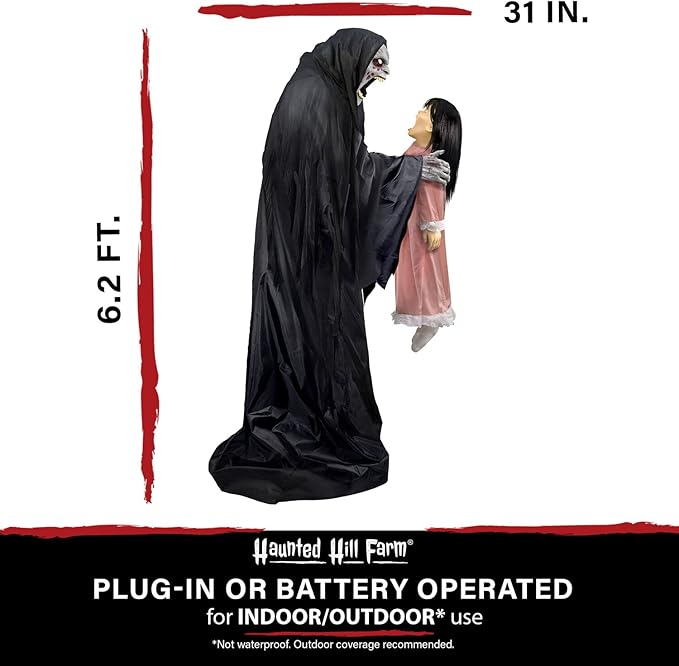 Haunted Hill Farm Soul Sucker Demon Reaper with Child by Tekky, Motion-Activated Talking Halloween Animatronic for Creepy Indoor or Covered Outdoor Halloween Decorations, Plug-in or Battery Operated