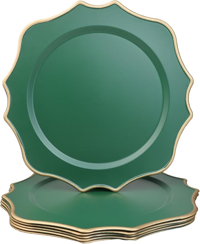 Green Chargers for Dinner Plates, 13 Inch Scalloped Plastic Decorative Table Charger Service Plates Set of 6 for Wedding, Holiday, Thanksgivng, Christmas