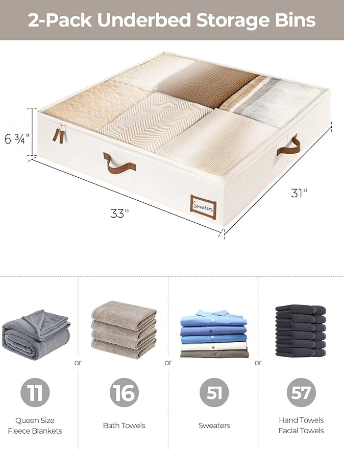 StorageWorks Underbed Storage Box, Under Bed Clothes Organizer With Sturdy Structure and Ultra Thick Fabric, Beige, 33" L x 31" W x 6 ¾ "H, 2 pack