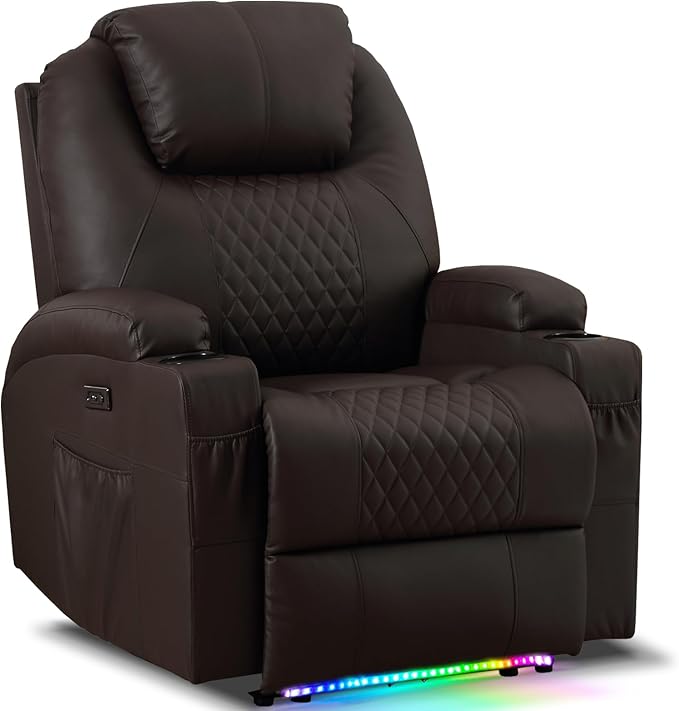 AHMED Power Recliner Chair with Vibration Massage & Heat for Adults, Faux Leather Home Theater Seating with Cup Holders/LED Lights/USB Ports/Side Pockets for Living Room, Brown