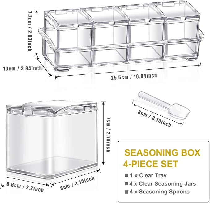 Clear Seasoning Box 4 PCS/Set, Acrylic Seasoning Rack Seasoning Storage Container Condiment Jar Spice Box Spice Jar Spice Pot Spice Rack with Spoon & Lid & Tray for Salt Pepper Sugar (#A)