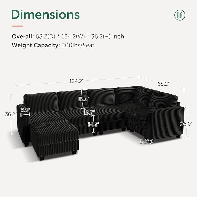 HONBAY Plush Corduroy Sectional Couch with 6 Seaters U-Shaped Modular Sectional Sofa with Storage Sectional Couches for Living Room, Black