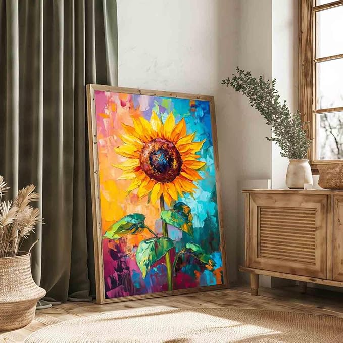 Sunflower Canvas Wall Art Abstract Floral Yellow Flower Picture Textured Flower Painting Field Landscape Wall Art Plant Farmhouse Floral Picture Modern Abstract Living Room Decor 16x24inch No Frame