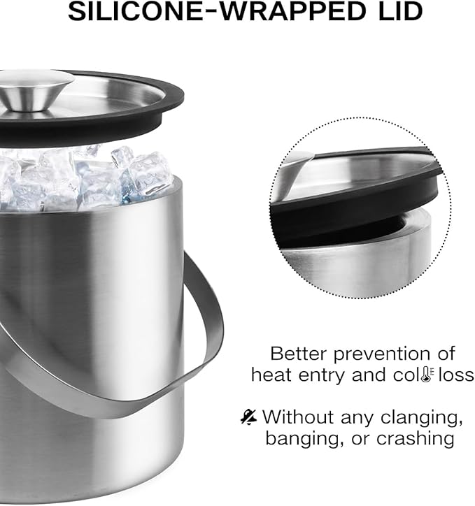 3L Double Wall Ice Bucket with Silicone Lid, Tongs & Scoop Insulated Ice Buckets for Parties & Cocktail Bar,[Silicone Lid for Longer Ice] Large Wine Bar Bucket Stainless Champagne Chiller
