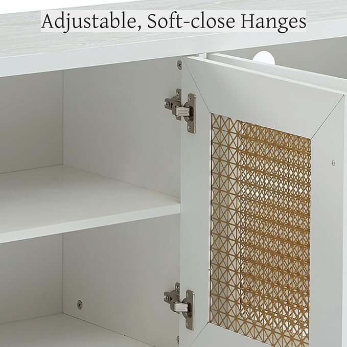 JYED Mid Century Modern TV Stand for TVs up to 75", 69.5" W White Entertainment Center with 4 Gold Metal Mesh Doors - Wood Grain MDF TV Console, Media Storage