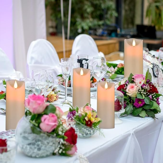 Flameless Battery Operated LED Candles 3D Wick with10key Button Remote Control 24-Hour Timer Set of 5 Electric Flickering Pillar Real Wax，Wedding, Party, Home Decoration