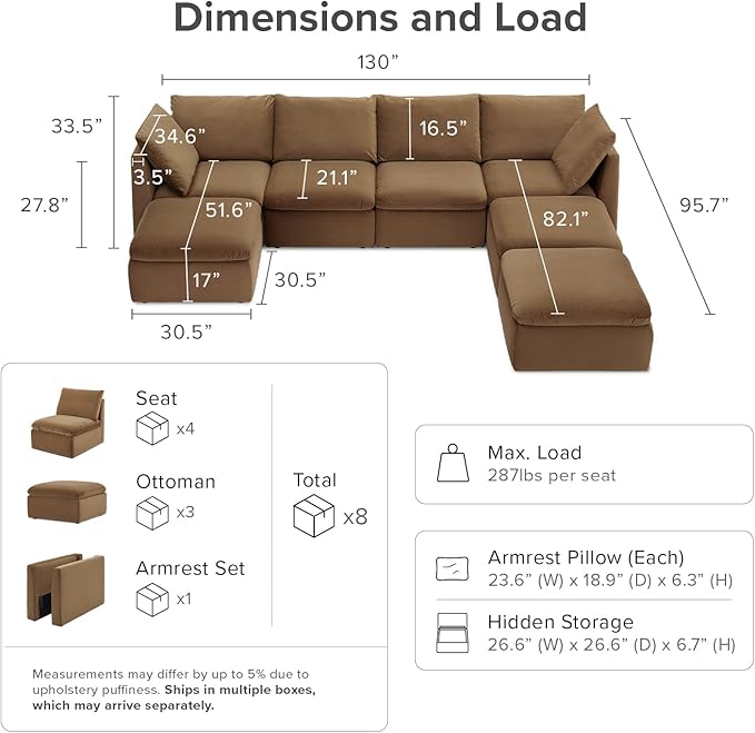 mopio Oversized Modular Sectional Sofa with Fully Removable Covers and Storage, Convertible U & L Shaped Sectionals, Modern Cloud Couch with Ottoman Chaise (Hazelnut Velvet, 7 Seats, U)