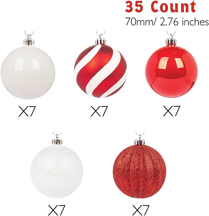 Every Day is Christmas Ornaments, Shatterproof Christmas Tree Ornament Set, Christmas Balls Decoration 35 Count (2.75"/70mm, Red White)