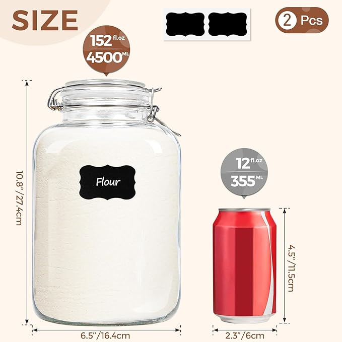 ComSaf Rice Container 152oz, Flour Sugar Storage Containers, Glass Jars with Airtight Lid, 1.17 Gallon Mason Jar, Large Storage Containers with Lids for Pickled Egg, Pasta, Cereal, Beans, Set of 2
