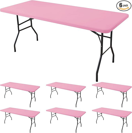 Fitted Tablecloth for 8 Foot Rectangle Tables-6 Pack Pink Elastic Outdoor Picnic Table Cover-Spandex Stretch Folding Table Cloths 8ft for Camping Dining Room Patio Kitchen Banquet Party