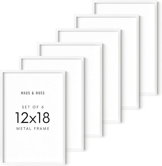 HAUS AND HUES 12x18 White Metal Picture Frames - Features Premium Aluminum, Vertical & Horizontal Hang, Shatterproof Plexiglass - Perfect for Home, Room, Office (12x18 in, White, Set of 6)
