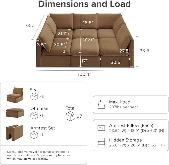 mopio Oversized Modular Sectional Sofa with Fully Removable Covers and Storage, Convertible U, L-Shaped and Sleeper Sectional, Modern Couches with Ottoman Chaise (Hazelnut Velvet, 6 Seats, Sleeper)