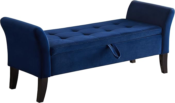 Furniliving Storage Ottoman Bench, Velvet Benches End of Bed Bench with Solid Wood Legs Upholstered Ottoman Bench with Storage Indoor Bench for Living Room with Rolled Arm, Entryway, NavyBlue