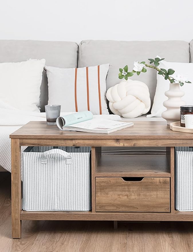 StorageWorks Storage Bins, Fabric Storage Bins for Shelves, Large Storage Baskets with Metal Frame, Closet Baskets and Bins with Handles, Gray and White Stripes, 2-Pack