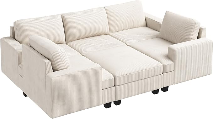Nolany Modular Sectional Couch with Storage Ottoman, Corduroy Sleeper Sectional Sofa with Chaise, Sectional Couches for Living Room, Beige