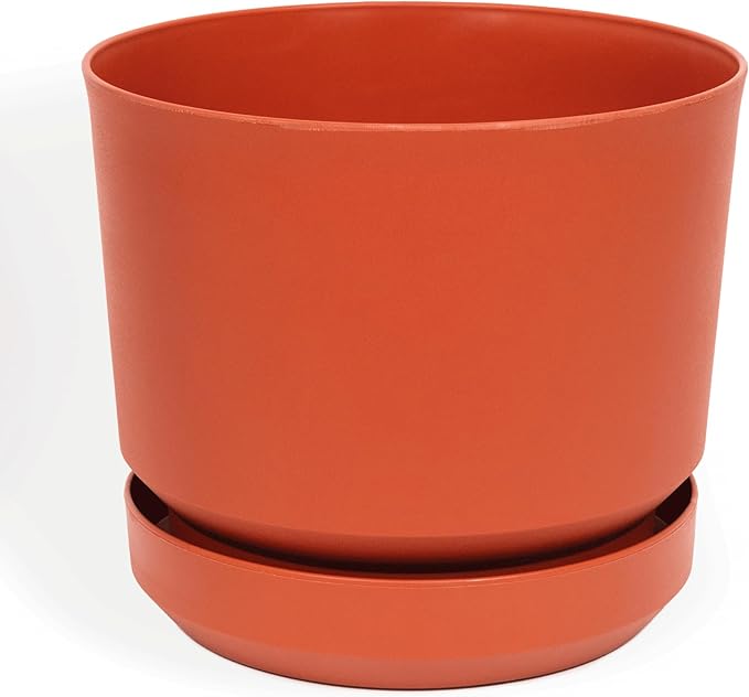 Elly Décor 10 inch Plastic Cylinder Planter Pot with Self-Watering Saucer and Drainage Hole,Lightweight & Extremely Durable, 10"x 10", Terracotta