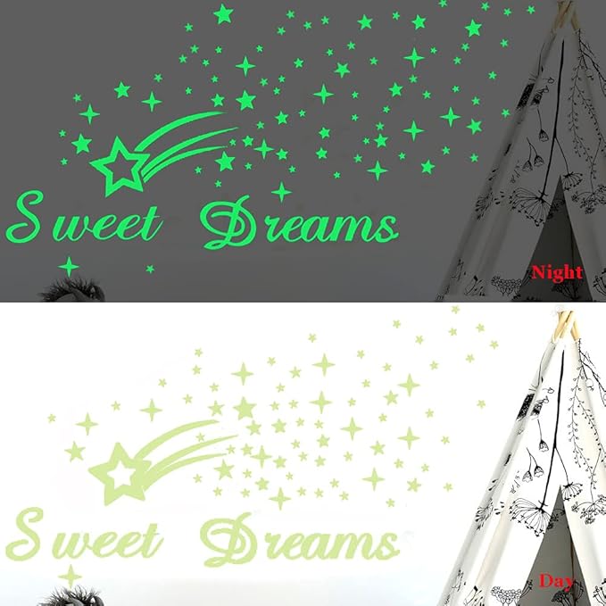 121Pcs Glow in The Dark Ceiling Wall Stickers Stars and Words - Sweet Dreams - Glowing Wall Decor for Kids Nursery Bedroom Living Room