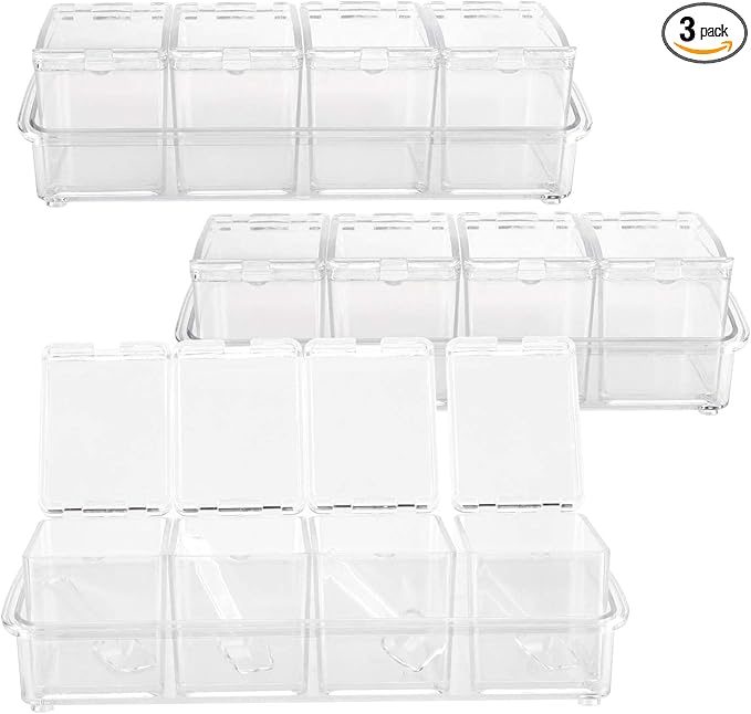 JAPCHET 3 Pack 4 Cell Clear Seasoning Box with Spoons, 10.2 × 3.54 × 3 inch Seasoning Storage Container with Cover, Clear Seasoning Rack Spice Pots for Spice, Salt, Sugar