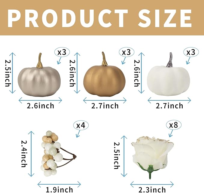 Fake Pumpkins, 21 Pcs White Artificial Pumpkins, Plastic Pumpkin Berries Rose Artificial Flowers Fall Decoration Kit for Thanksgiving Table Decoration