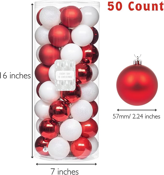 Every Day is Christmas Ornaments, Shatterproof Christmas Tree Ornament Set, Christmas Balls Decoration 50 Count (2.24"/57mm, Red White)