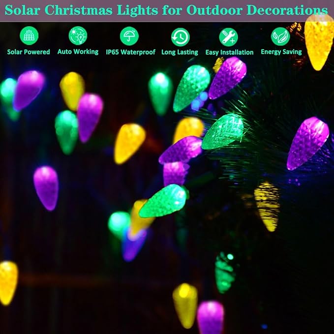 Solar Halloween Lights Christmas Lights C6 Strawberry String Lights Mardi Gras String Lights, 50 LED 8 Modes Waterproof Outdoor Use for Mardi Gras Christmas Tree Camping Balcony Halloween Party Decor