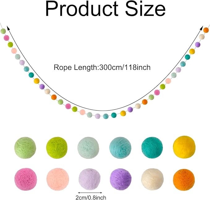 Felt Ball Garland Misscrafts 9.8 Feet 100% Wool Roving Pom Pom Garland 20mm Colorful for Baby Shower Grand Opening Party Festivals Room Decorations