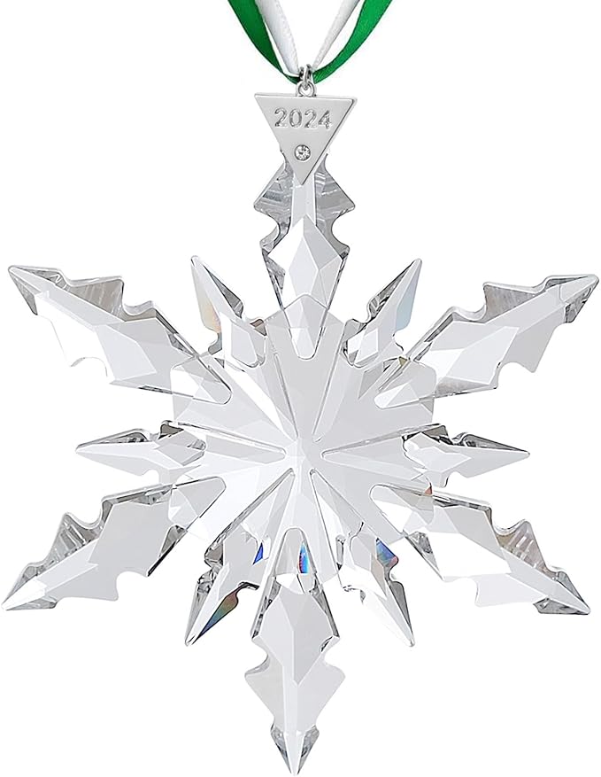 2024 Annual Christmas Ornaments Snowflake Star Clear White Faceted Crystal with Tone Metal Accents and Rayon Ribbon-New Year Christmas Tree Ornaments Crystal Sun Catcher Home Hanging Decor