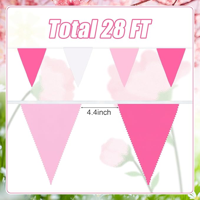 MARFOREVER 28 FT Rose Hot Pink Pennant Banner, 30 Pcs Pink Fabric Triangle Flag Bunting Garland for Baby Shower Nursery Garden Wedding Engagement Anniversary Theme Party Decorations