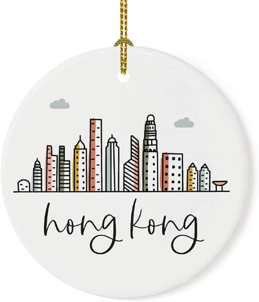 Andaz Press Round Ceramic Porcelain Christmas Tree Ornament Keepsake Gift, Hong Kong, Colorful International City Skyline Graphic, 1-Pack, Birthday Family Coworker Him Her, Gift Box