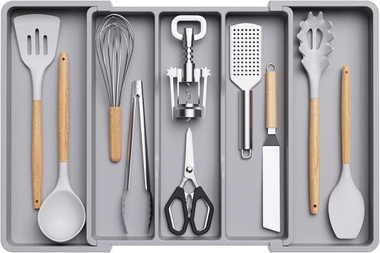 Lifewit Utensil Organizer for Kitchen Drawers, Expandable Cooking Utensil Tray, Adjustable Cutlery Silverware Flatware Holder, Plastic Kitchen Spatula Tools and Gadgets Storage Divider, Large, Gray