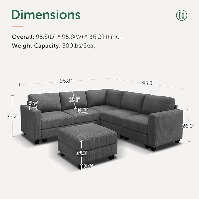HONBAY Corduroy Modular Sectional Couch with Storage L-Shaped Sectional Couches for Living Room 6 Seater Modular Sofa, Dark Gray